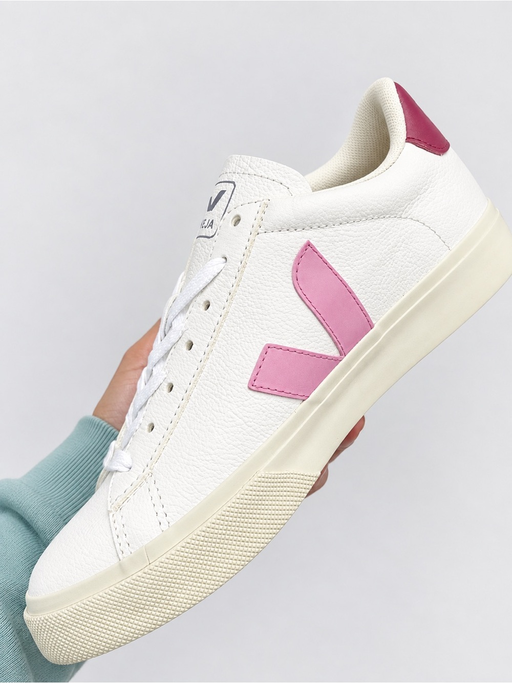 Veja Low-Top Leather Sneaker in White with Pink V Logo